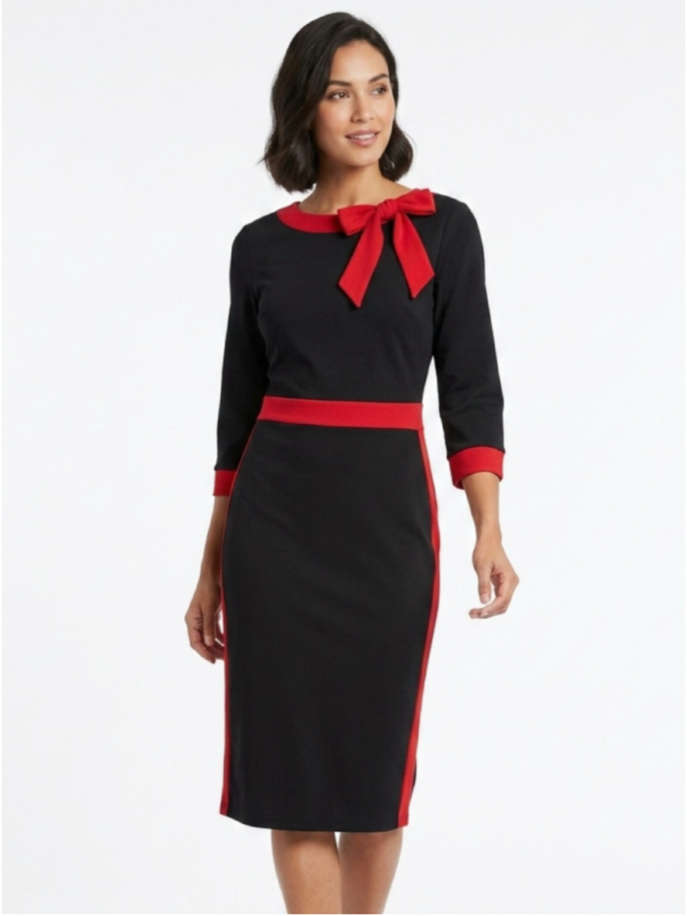 Classic Black Midi Dress with Red Trim and Bow party stretch XL - 719